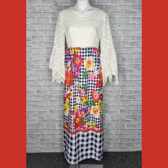 Vintage 60s Floral Gingham Psychedelic Bell Sleeve Maxi Dress - Picture 1 of 4